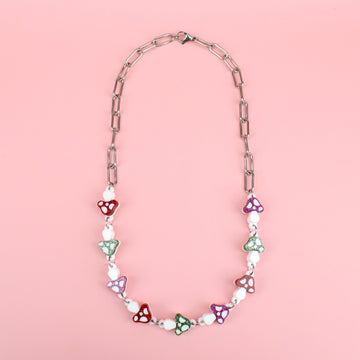 Oval chain necklace with red, green and pink glittery mushroom charms 