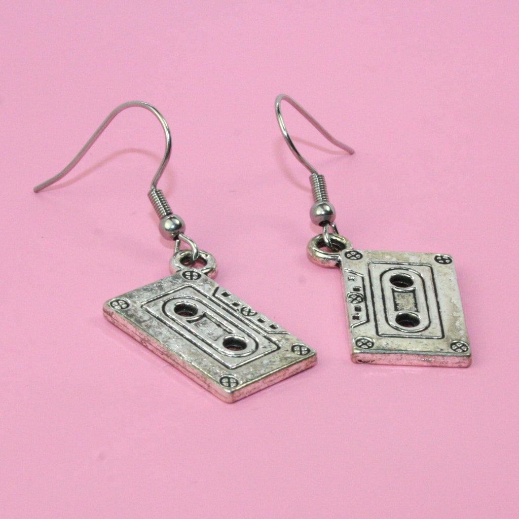 Silver plated tape charms on stainless steel earwires