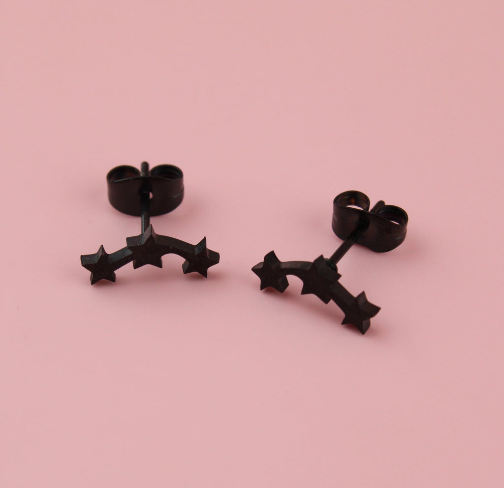 Black Stainless Steel Triple Curved Star stud earrings with backs