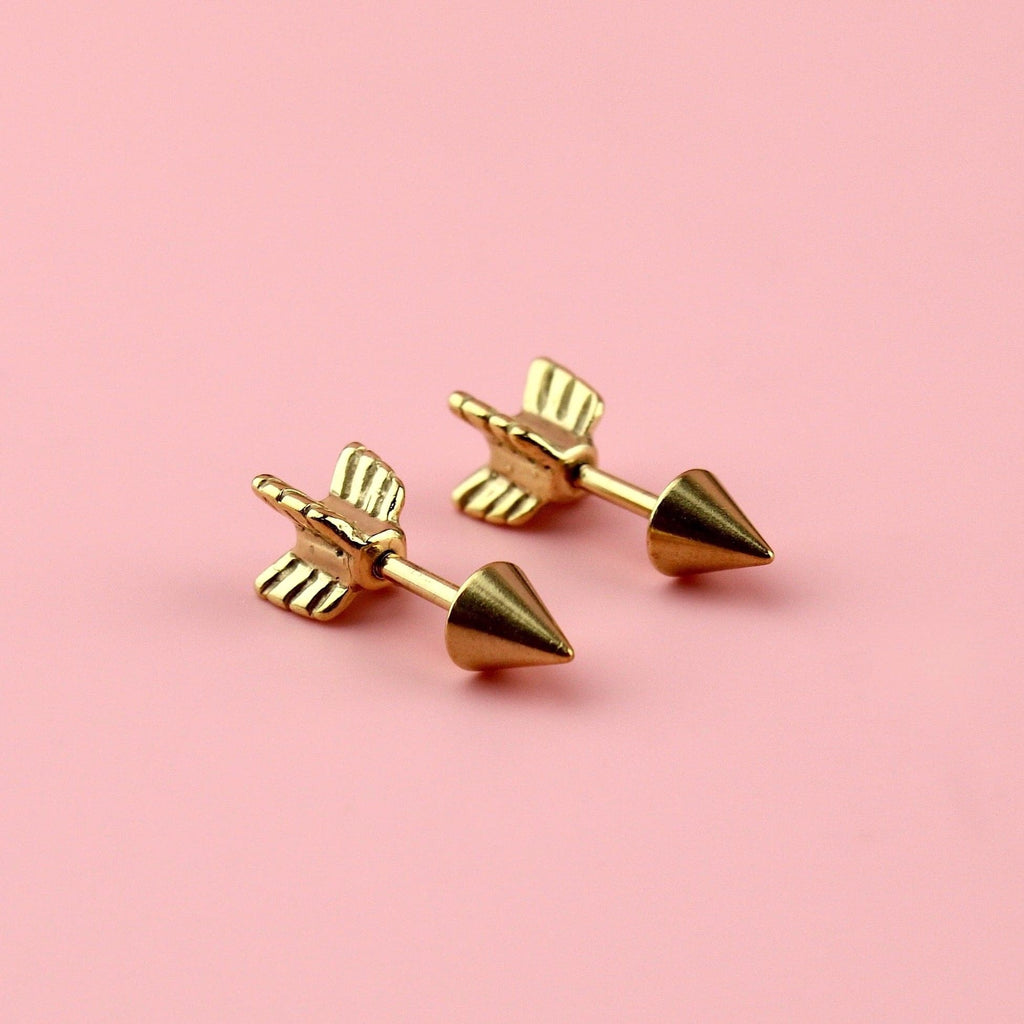 Gold Plated Stainless Steel studs in the shape of an arrow with a scew-off back